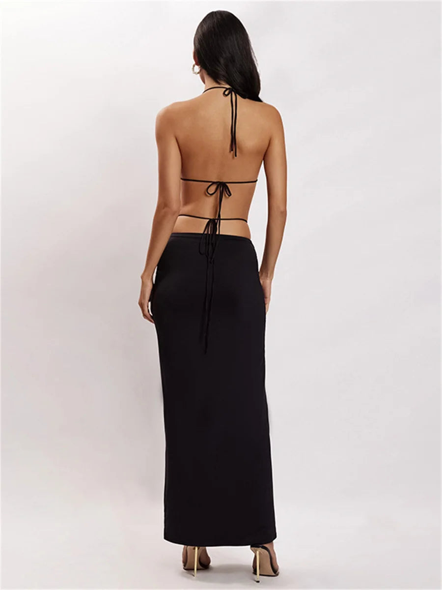 Backless Halterneck Crop Top and Bandage Wrap Long Skirt Summer Women's Two Piece Stylish Set Milanni Fashion