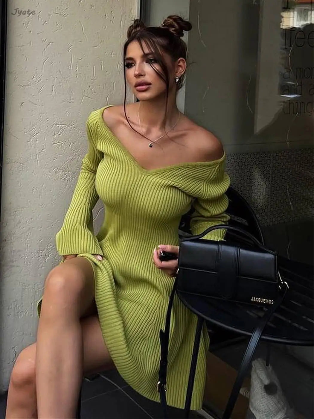 V-neck Long Sleeve Sexy Short Dress Knitted A-line Pleated Backless Solid Color Women Fall Fashion Milanni Fashion Green S