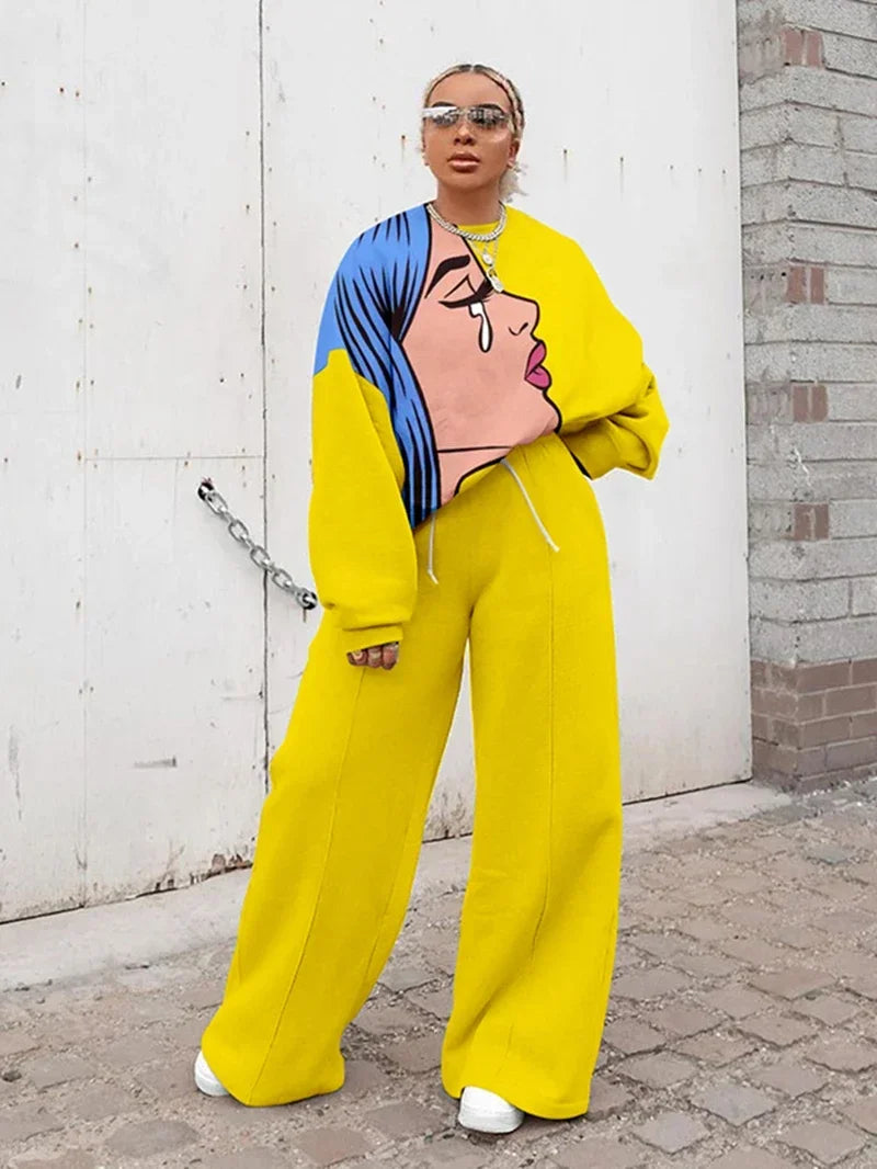 Oversized Tracksuit for Women Cartoon Print Pullover Sweatshirt & Wide Leg Pants Set Casual Outfit Milanni Fashion Yellow S CN