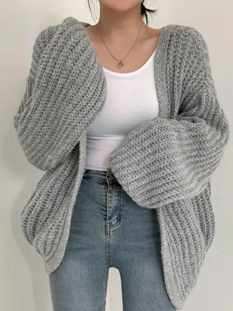 Vintage Lantern Sleeve Cardigan Sweater Casual Fall Streetwear Women’s Sweater Stylish Outerwear Milanni Fashion Gray One Size