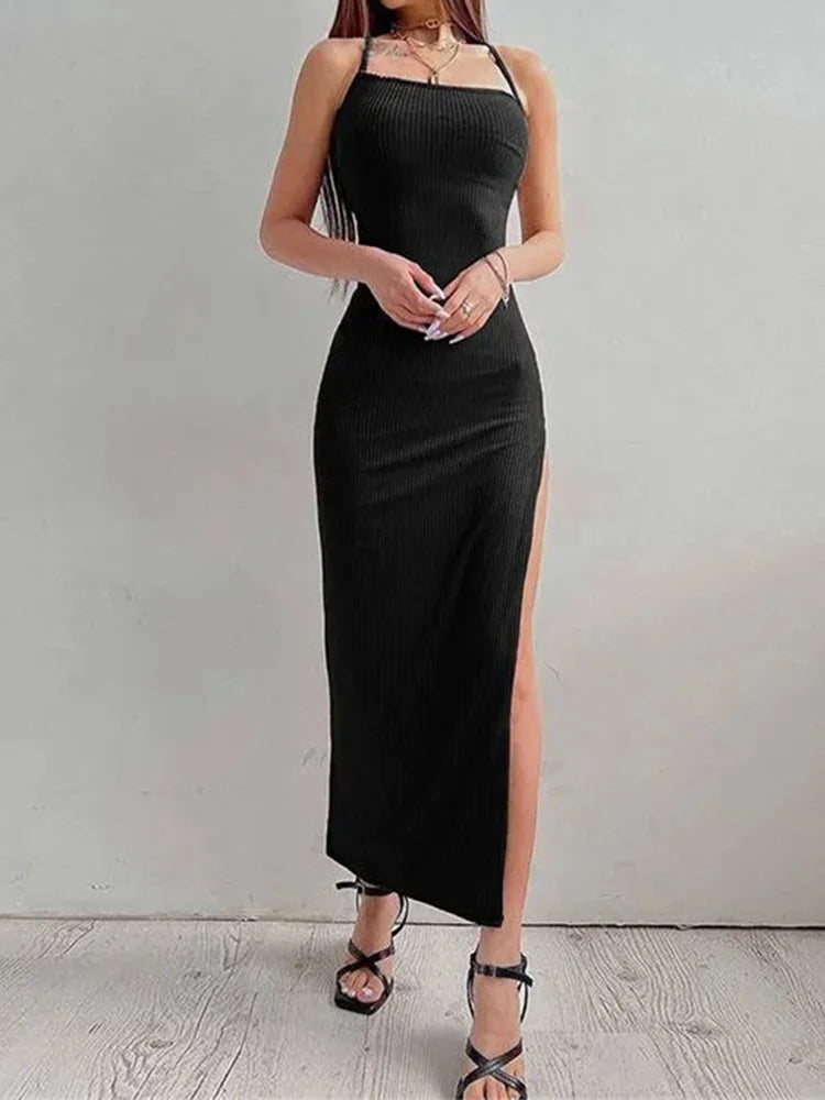 Long Bodycon Dress Women Sleeveless Halter Neck Spaghetti Strap Dress Midi Dress Milanni Fashion   