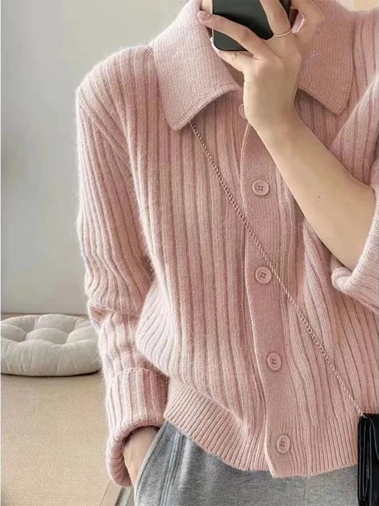 Autumn and Winter New Cashmere Sweater Women's Clothing Long Sleeved Top 100% Wool POLO Collar Knitted Cardigan  Milanni Fashion Pink S 