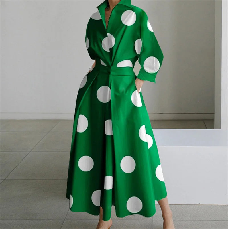 Women Autumn Dress Long Sleeve Dot Print Elegant Maxi Dress Maxi Dress Milanni Fashion ST23129 Green Dot XXL 