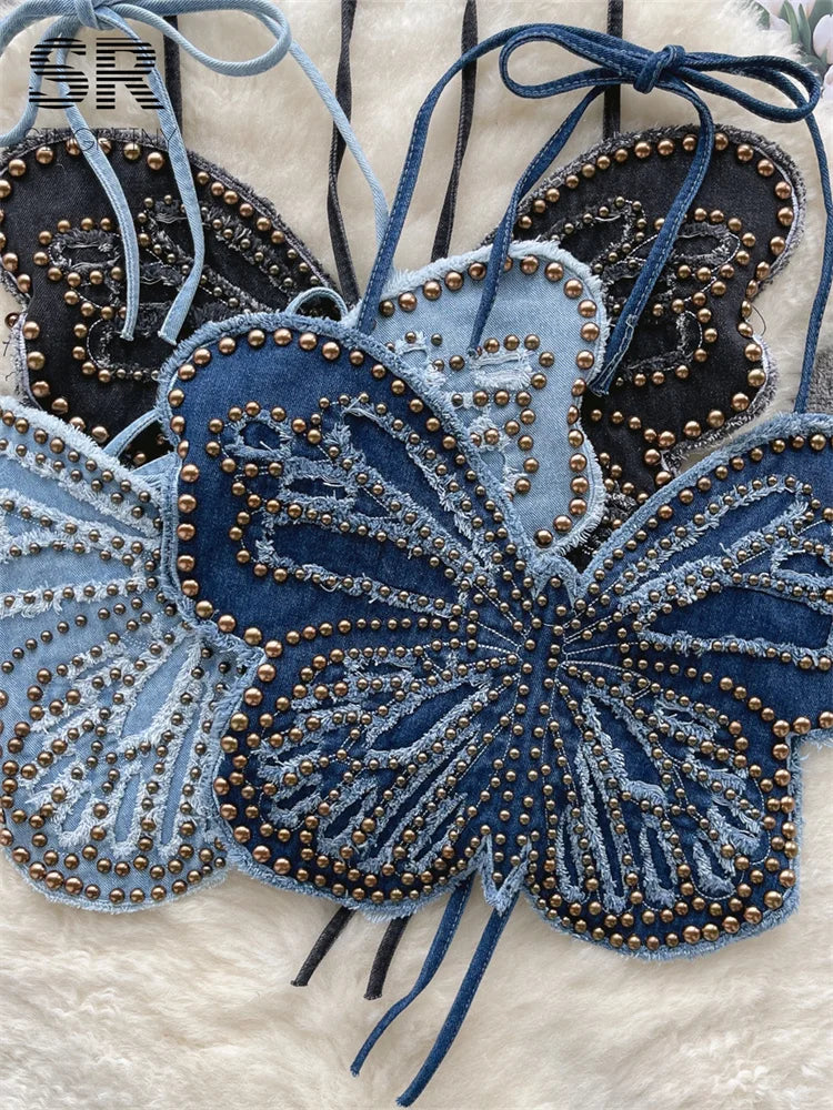 Sexy Halter Denim Tank Top Beading Butterfly Design Spaghetti Strap Cami Women Summer Top Milanni Fashion