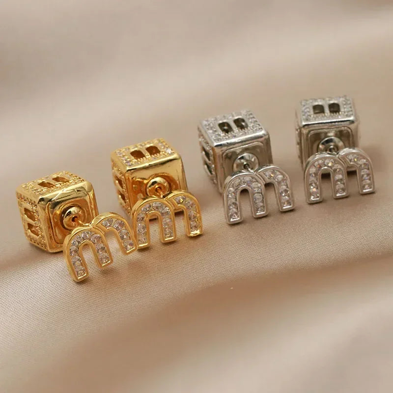 Crystal Double Side Letter M Stud Earrings Fashion Jewelry Luxury Zircon Square Earrings  Milanni Fashion   