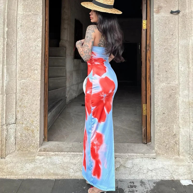 Sexy Strapless Print Tube Maxi Dress Women Off Shoulder Backless Stretch Long Sundress Maxi Dress Milanni Fashion   