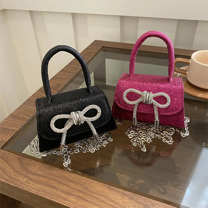 French Light Luxury Diamond Sparkling Mini Handbag Fashion Bowknot Crossbody Bag  Milanni Fashion   