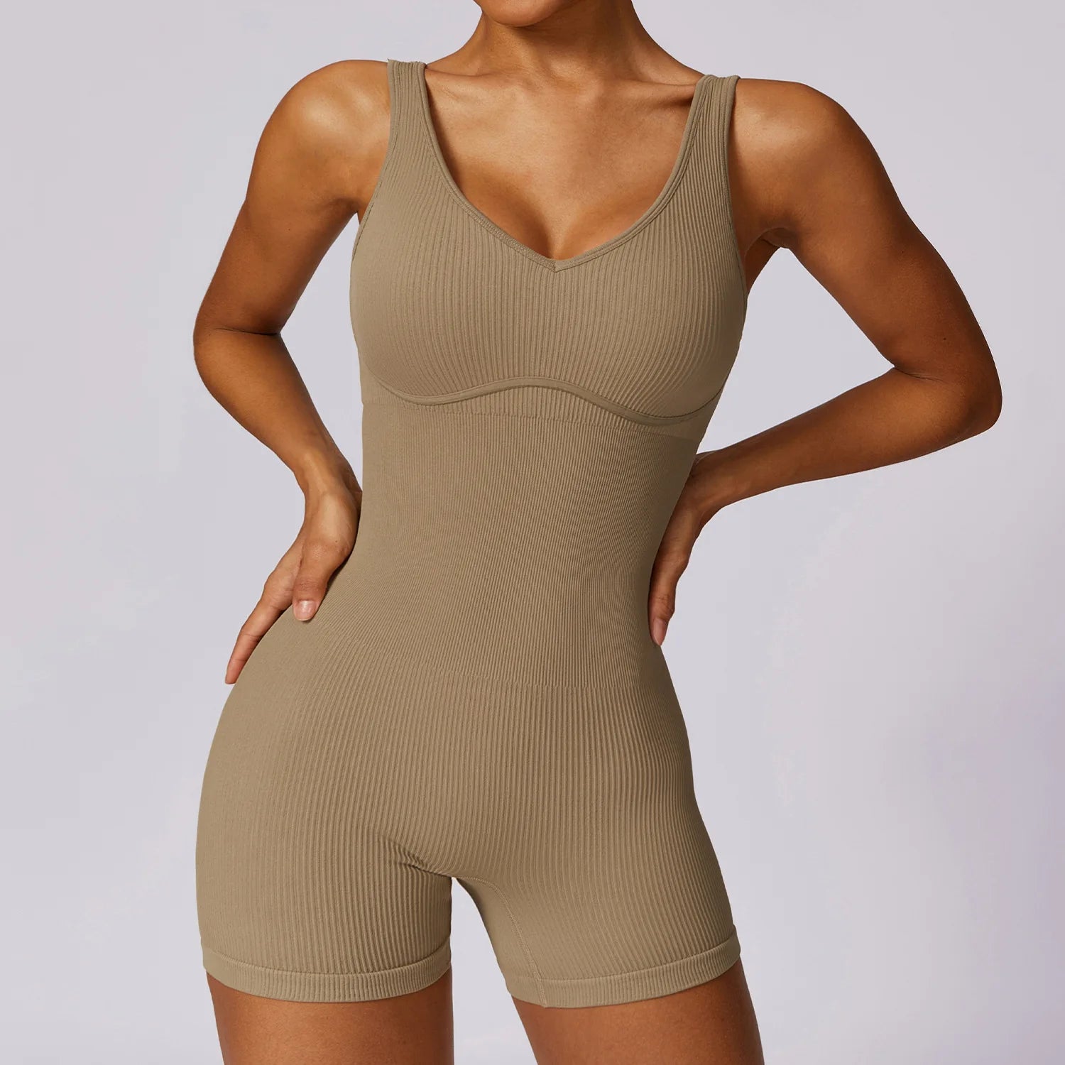 Seamless Threaded Yoga Jumpsuit Gym Clothing Set Yoga Wear Pilates Workout Outfit Push-up Activewear  Milanni Fashion sand brown M CHINA