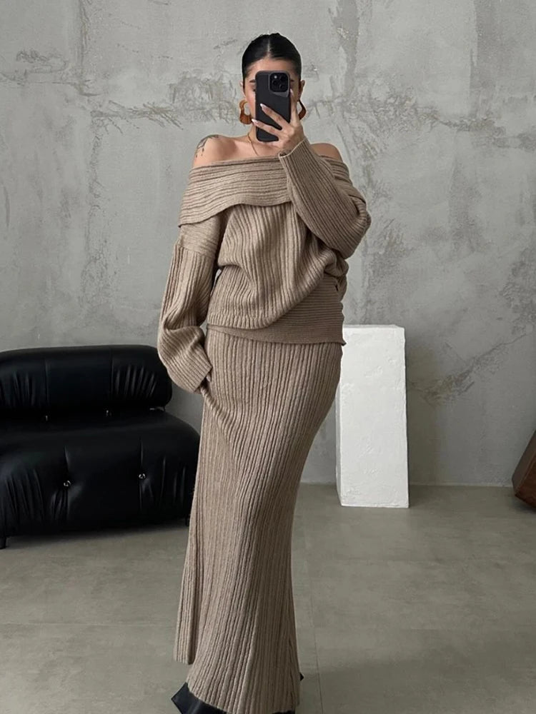 Off Shoulder Sweater Pullover Top Slim Skirt Suit Fashion Office Outfit Winter Knitted Two Piece Set for Women Milanni Fashion Khaki S