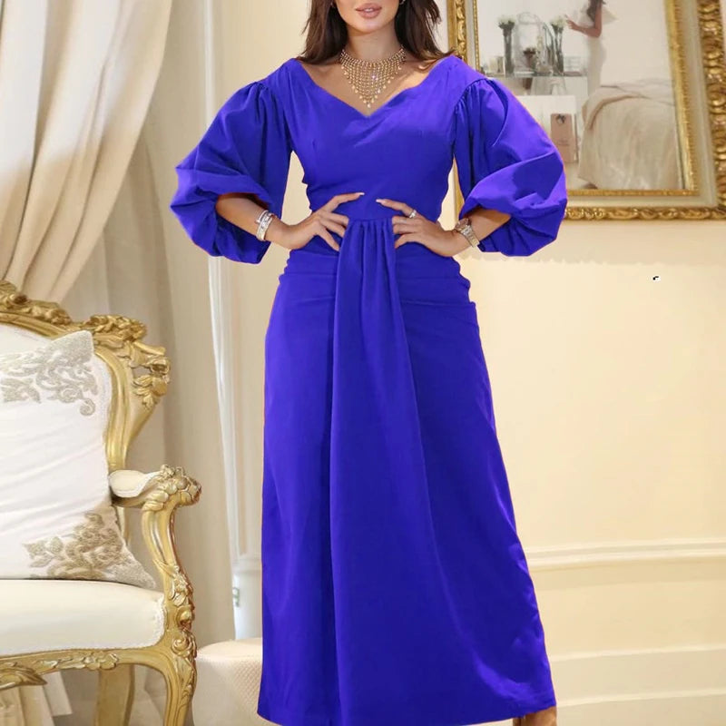 Women's Deep V High Waisted Long Dress Fashion Lantern Sleeves Pleated Office Dress Elegant Style Milanni Fashion Blue M