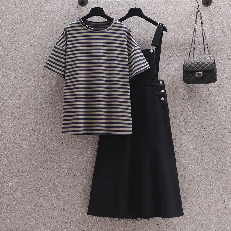 Denim Suit Horizontal Striped T-shirt and Raw Edge Strap Dress New Plus Size Women's Casual Outfit Milanni Fashion