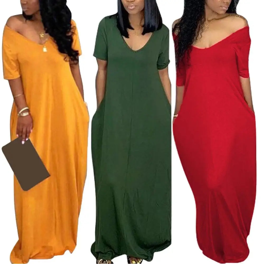 Ladies Fashion Loose Sexy V-Neck Fall Clothes Casual Maxi Solid Color Plus Size Long Dress Maxi Dress Milanni Fashion   