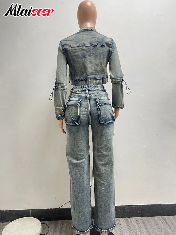 Vintage Stretch Denim 2 Piece Pants Sets Women Zip Slim Jackets and Pocket Cargo Jeans Outfit Streetwear Winter Suits Milanni Fashion