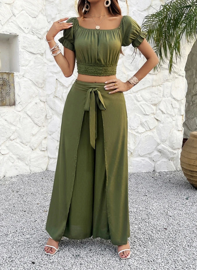 Sexy Elegant Temperament Solid Color Crop Top Wide Leg Pant Set Fashion 2024 Outfit  Milanni Fashion   