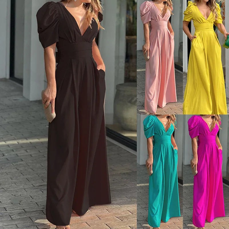 Elegant Chiffon Midi Shirt Jumpsuit for Women Deep V-Neck Backless Puff Sleeves Slim Bow Casual Office Party Wear Milanni Fashion