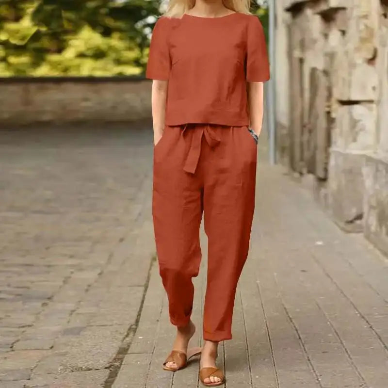 Pullover Shirt and Pants Two-Piece Set Short Sleeved O-Neck Outfit Stylish and Comfortable Ensemble Milanni Fashion Red S