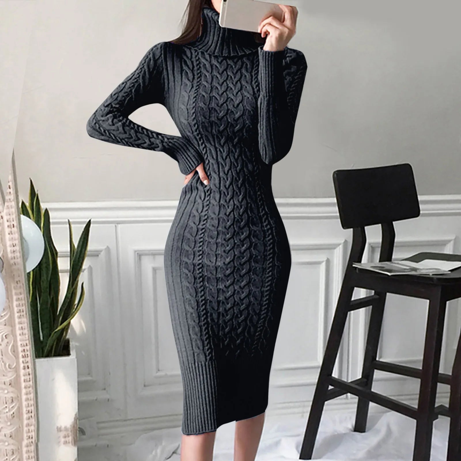 Knitted Dress Turtleneck Long Sleeve Slim and Slim Mid-length Over-the-knee Dress Midi Dress Milanni Fashion Black L CN