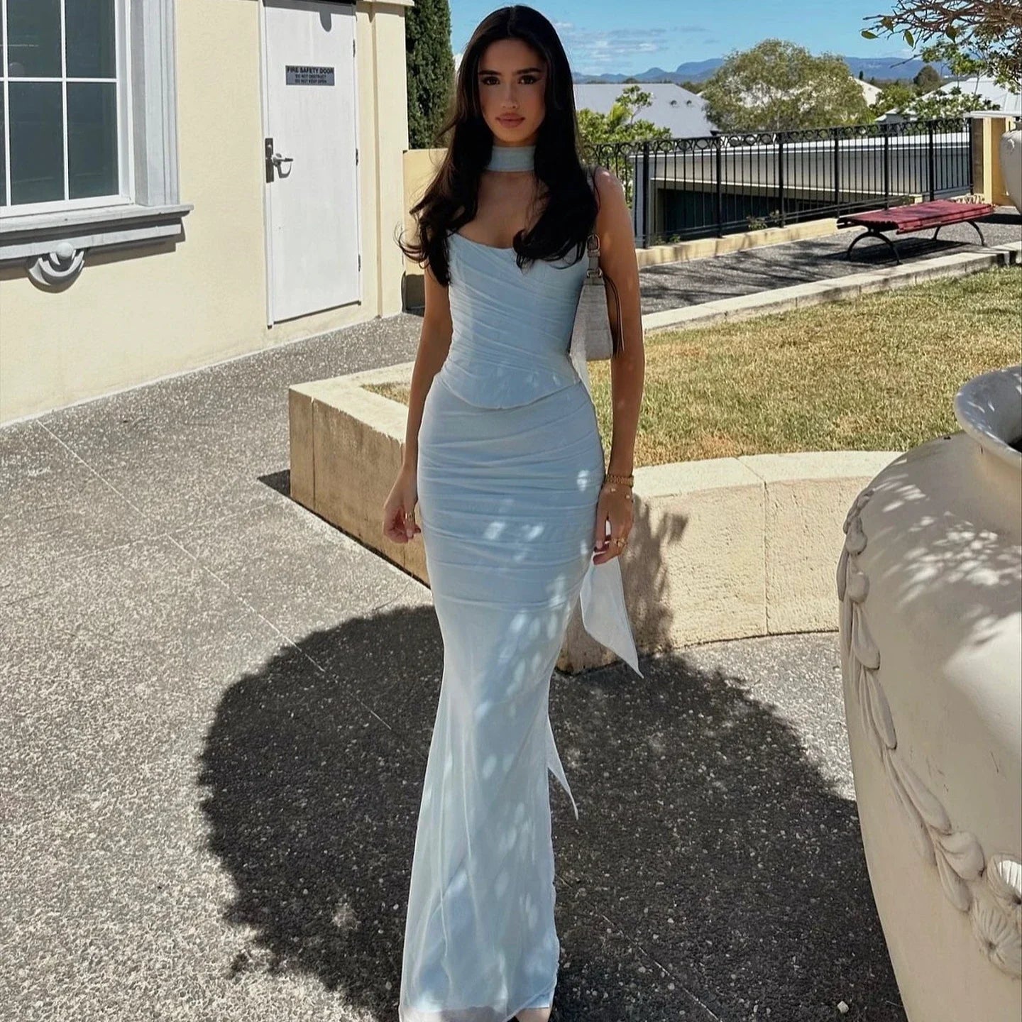 Elegant Maxi Wedding Guest Dress Set Sexy Strapless Blue Cropped Top Bodycon Holiday Party Dress for Women Milanni Fashion