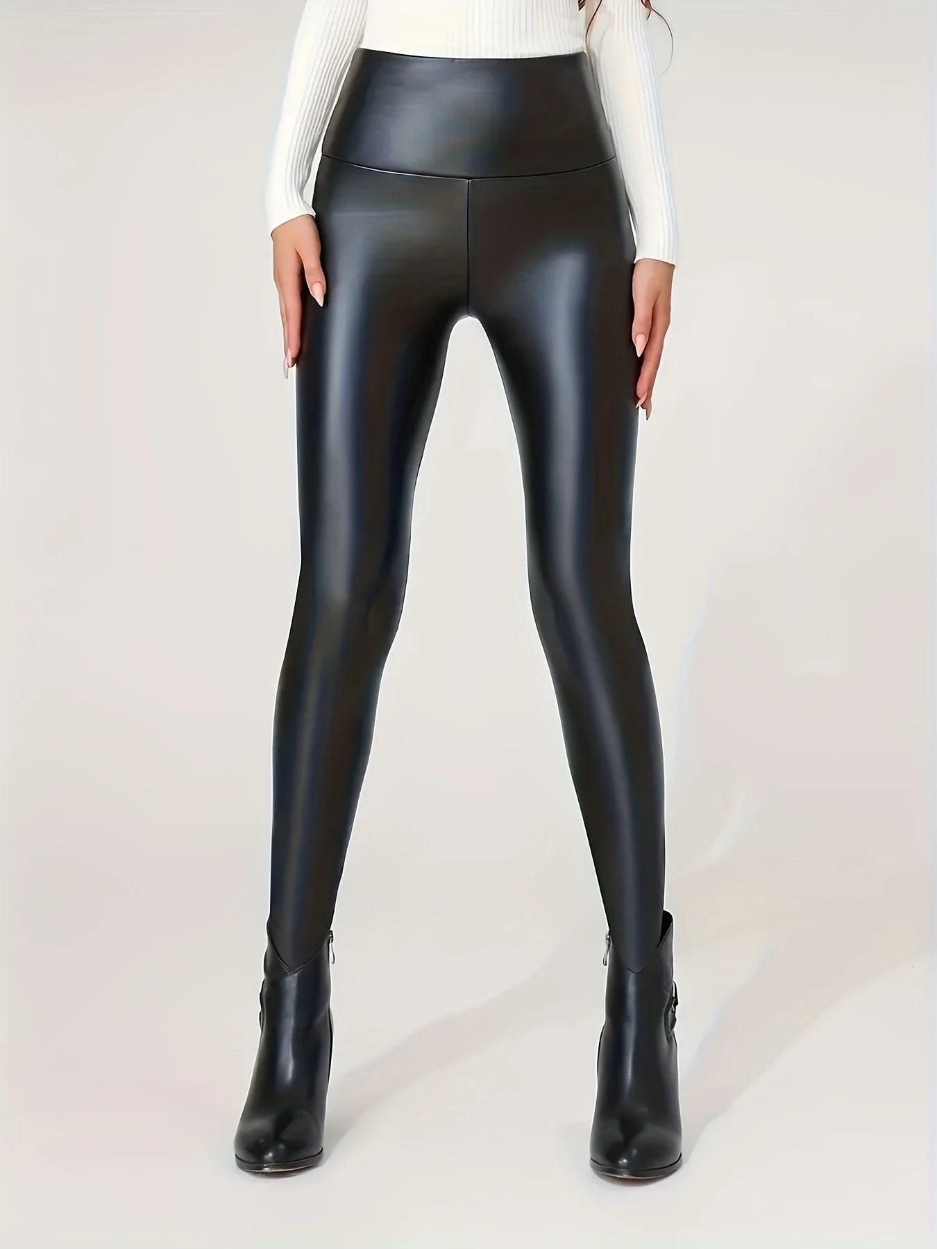 Faux Leather Thin Fleece Liner Sports Leggings, Sexy Yoga High Waist Tight Pants  Milanni Fashion black M 