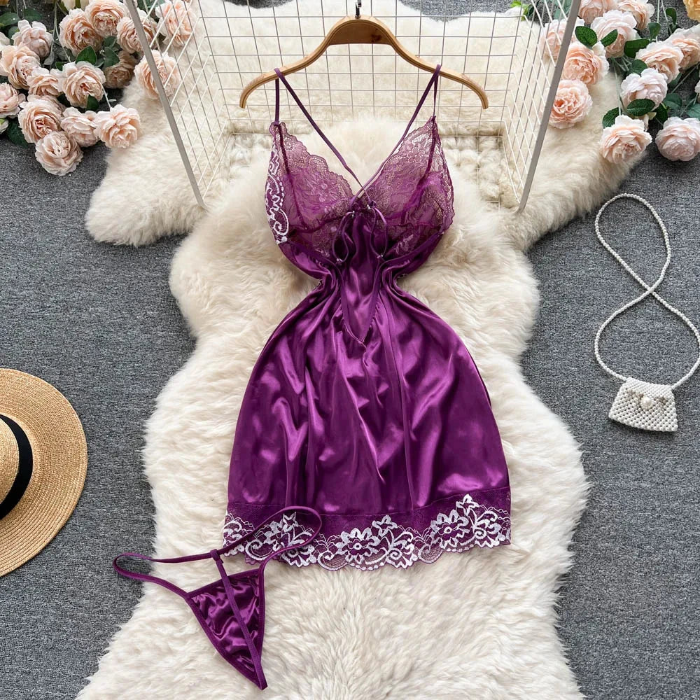 Women Night Dress Sleeveless Floral Lace Erotic Nightwear +Thongs Satin Sexy Short Dress  Milanni Fashion   