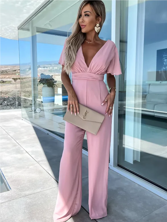 Loose Short Sleeve Casual Jumpsuit Elegant V-Neck Fashion Clubwear Wide Leg Slim Pants with Lace-Up Waist Milanni Fashion Pink S