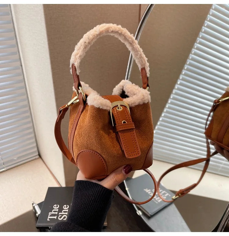 Lamb Wool Casual Bucket Crossbody Bag Women's Luxury Deerskin Fleece Leather Shoulder Handbag Milanni Fashion Brown