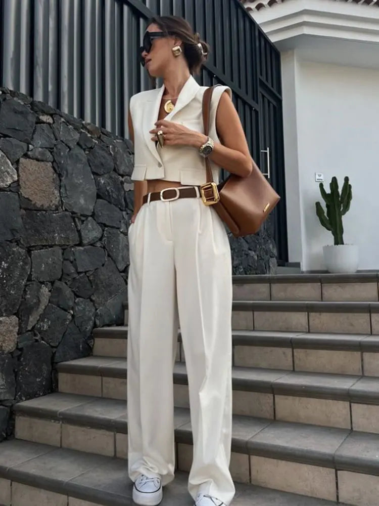 Elegant Sleeveless Women Blazer Vest Suit - V Neck Office Tank Crop Top Wide Pant Set  Milanni Fashion   