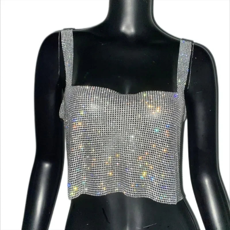 Bling Rhinestones Party Crop Top 2024 Fashion Solid Backless Straps Full Diamonds Sequins Cami Cropped Top  Milanni Fashion   