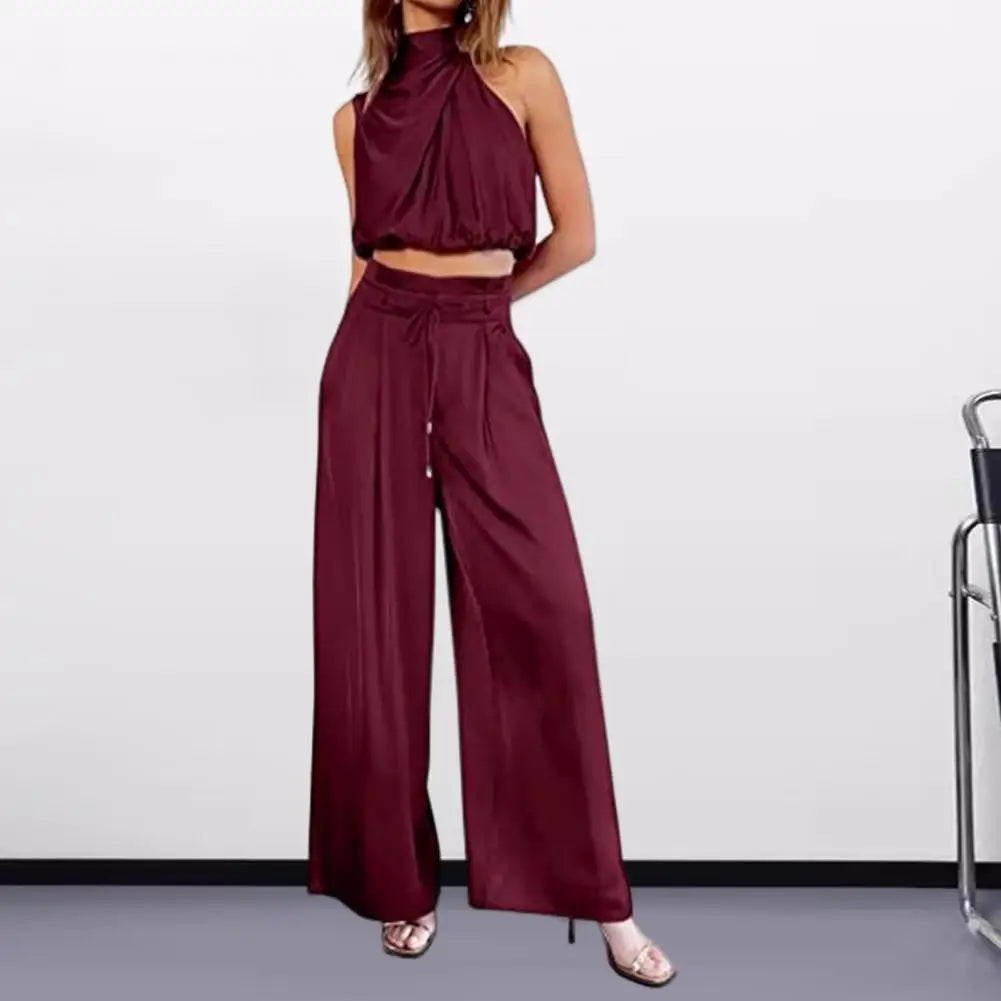 Women's Two Piece Outfit Silk Pleated Sleeveless Top Wide Leg Pant Set  Milanni Fashion   