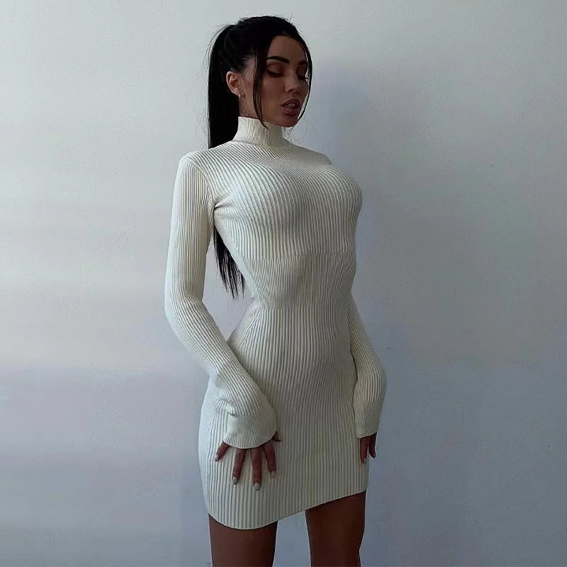 Knitted Turtleneck Dress Women Long Sleeve Bodycon Midi Dress Elegant Casual Fashion Outfit Milanni Fashion White L