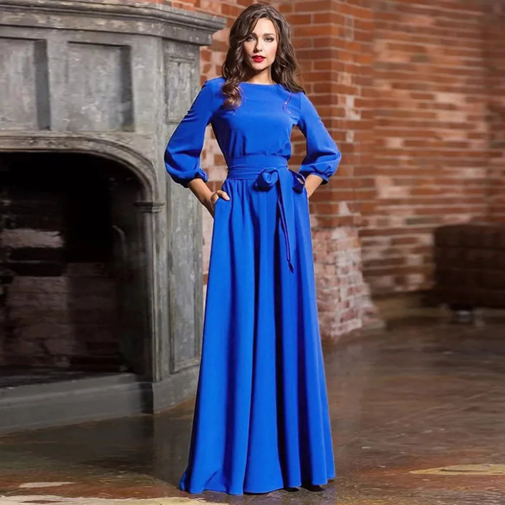 Women's Lantern Sleeve Long Party Dress Vintage Bow Tie Maxi Dress Maxi Dress Milanni Fashion Blue 4XL CN