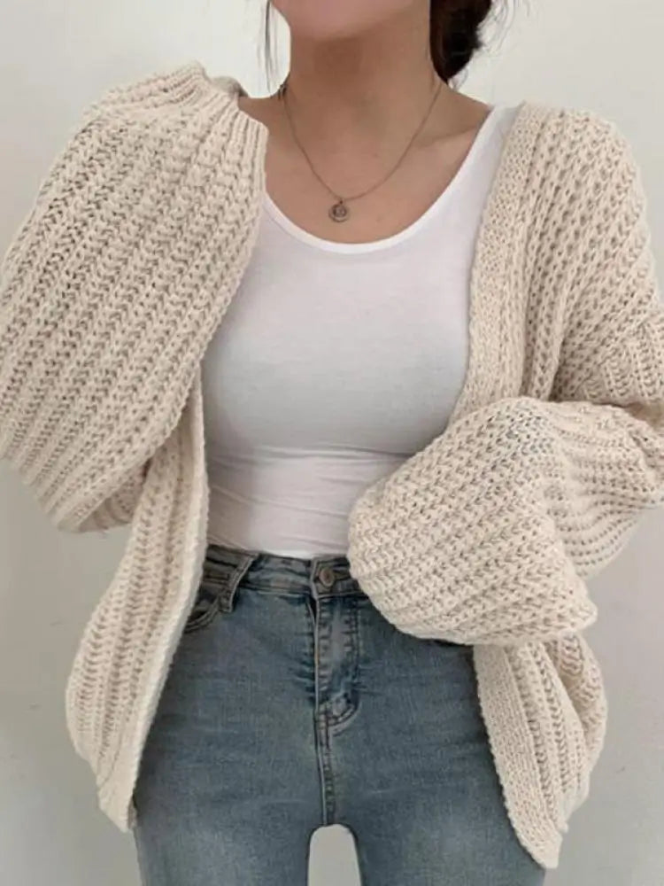 Vintage Lantern Sleeve Cardigan Sweater Casual Fall Streetwear Women’s Sweater Stylish Outerwear Milanni Fashion White One Size