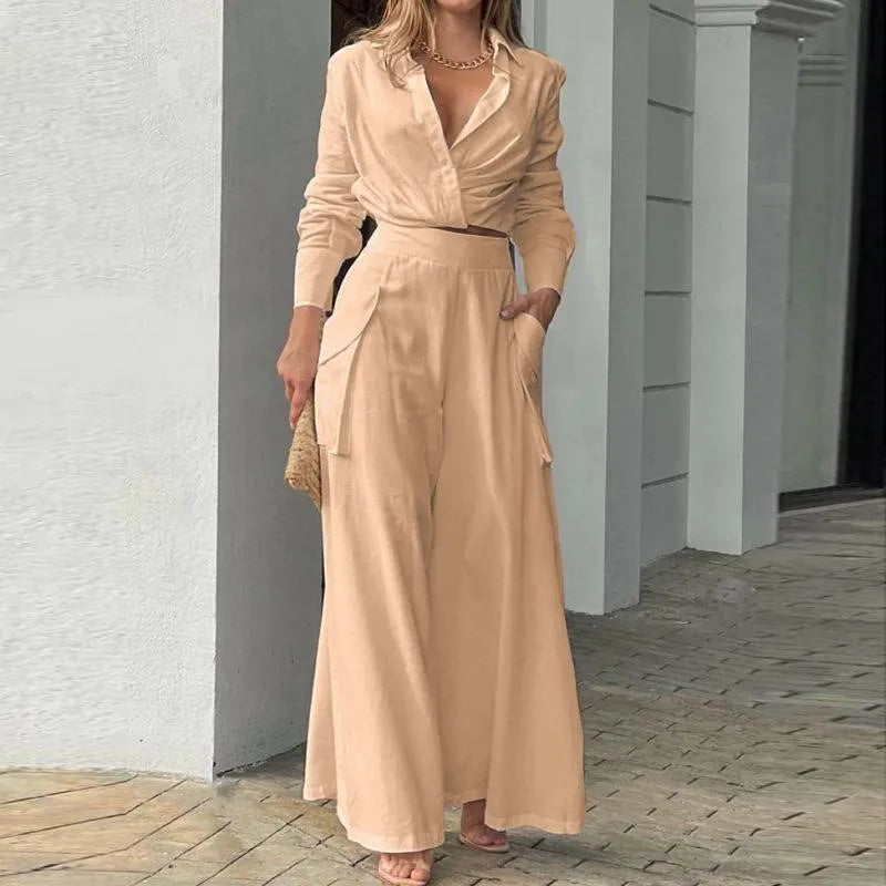 Fashionable Solid Color Temperament Lapel Long Sleeved Casual Shirt & Elegant Wide Leg Pant  Milanni Fashion   