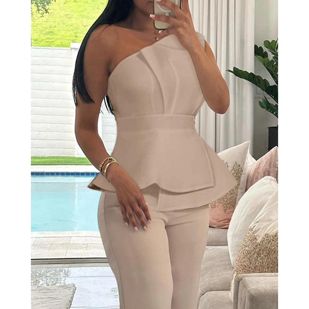 One Shoulder Ruched Top & Straight Leg Pants Set Elegant Solid Color Two Piece Set Two piece set Milanni Fashion   