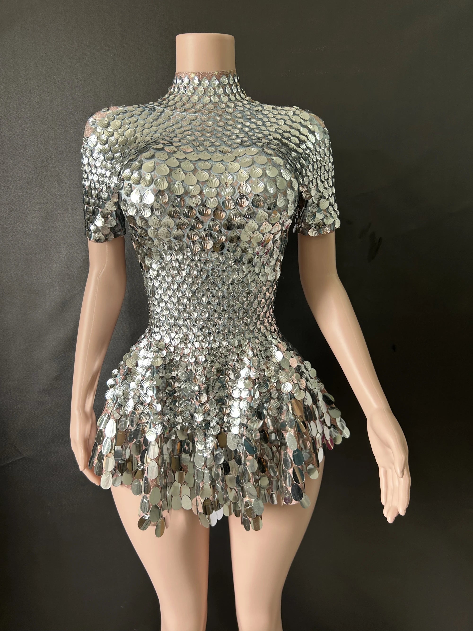 Nightclub Leotard Shiny Sequins Mini Dress Sexy Elegant Party Dress for Women Evening Wear Milanni Fashion Silver M