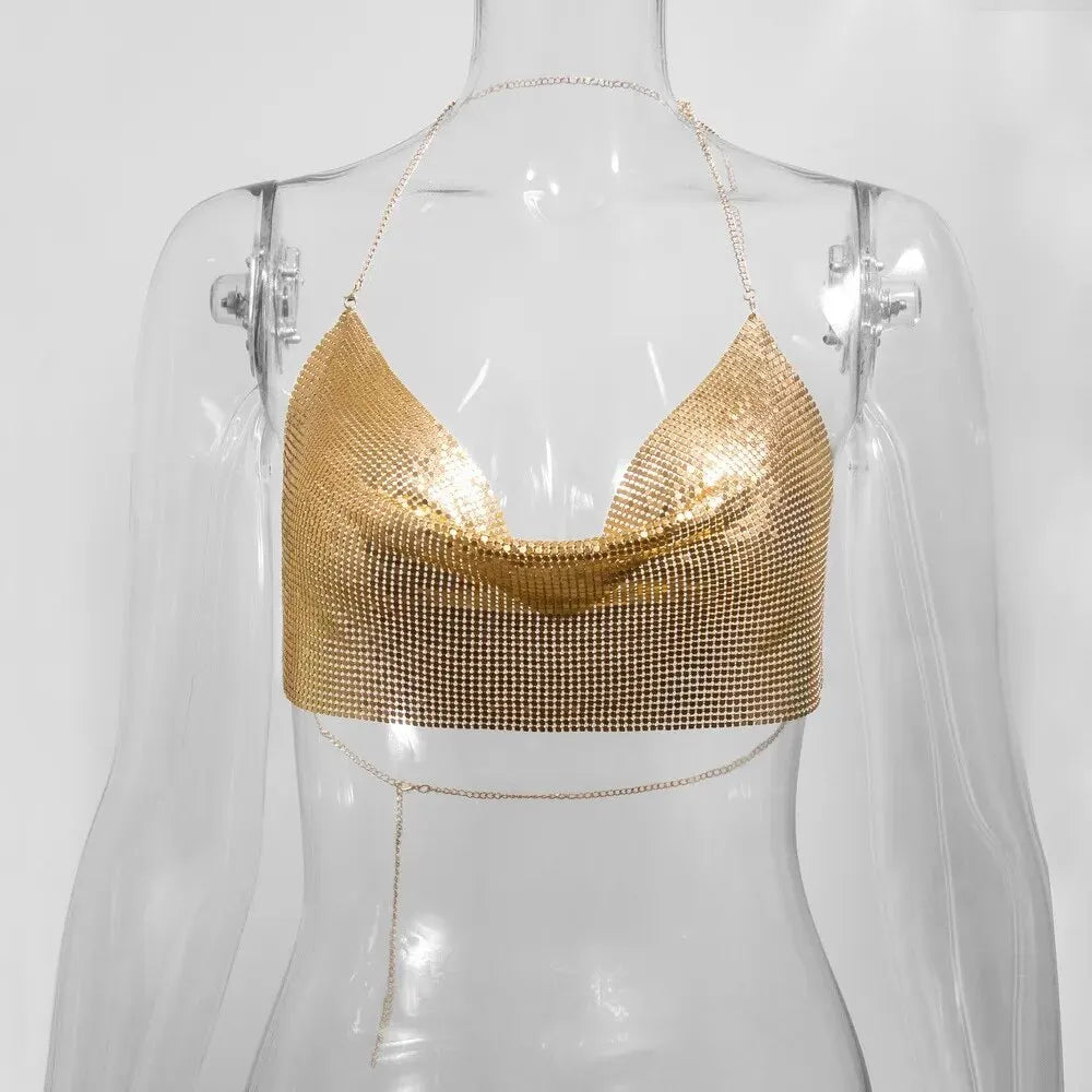 Sexy Sequin Metal Crop Top with Suspenders Halter Backless Night Club Tank Top for Women Milanni Fashion Gold One Size