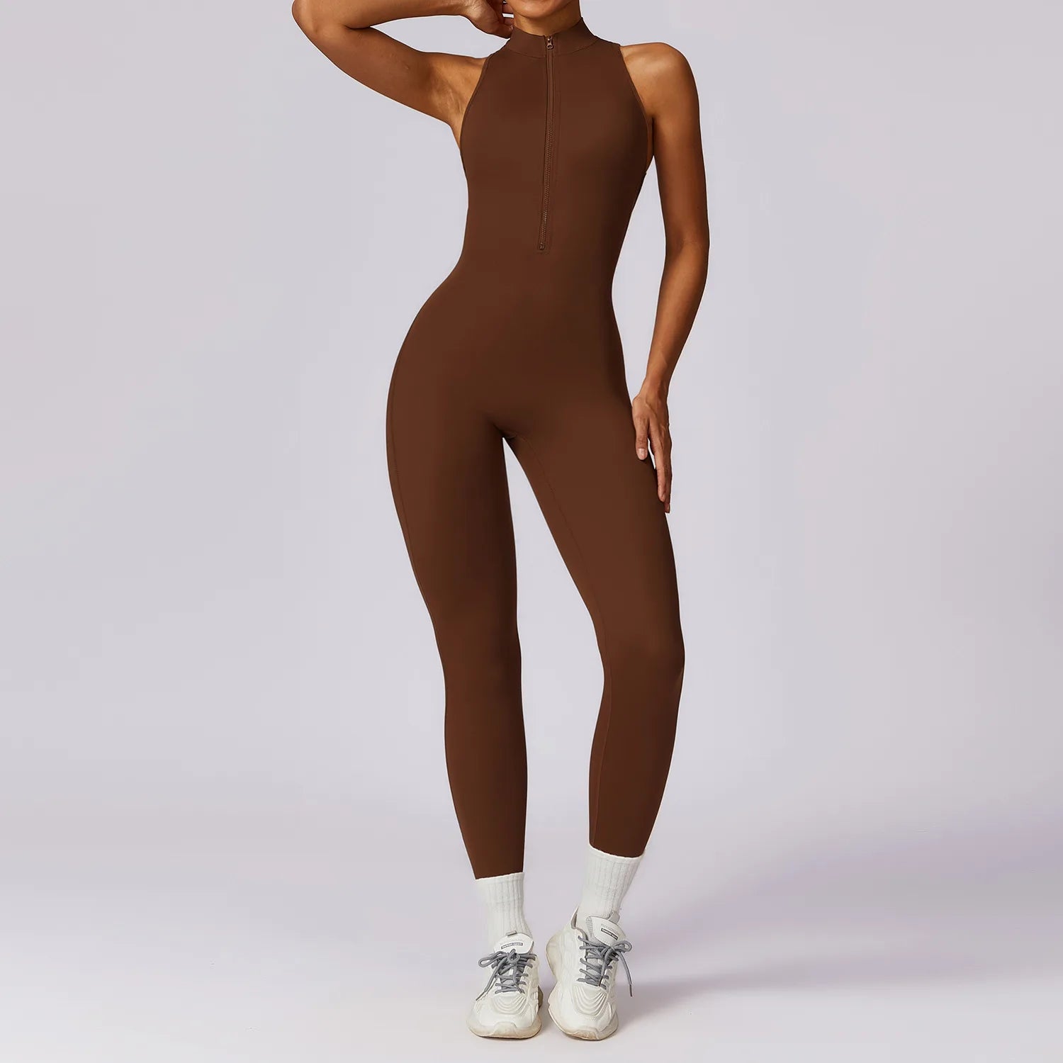 Zipper Jumpsuit Fitness Sports Gym Clothing Set Yoga Wear Pilates Workout Clothes  Milanni Fashion birch tea brown L CHINA