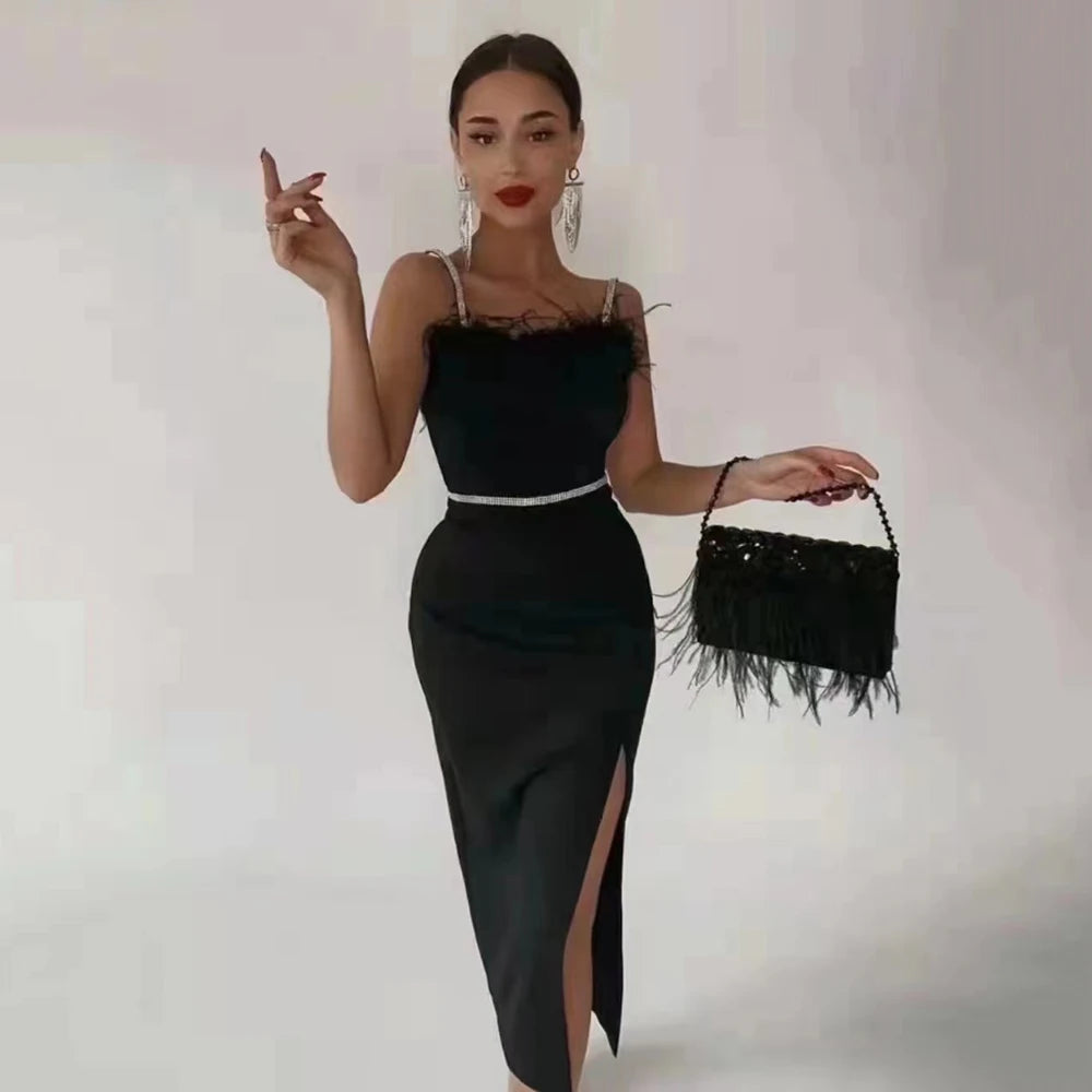 Sexy Summer Bandage Dress Women Feather Elegant Evening Cocktail Party Club Bodycon Midi Dress Midi Dress Milanni Fashion   