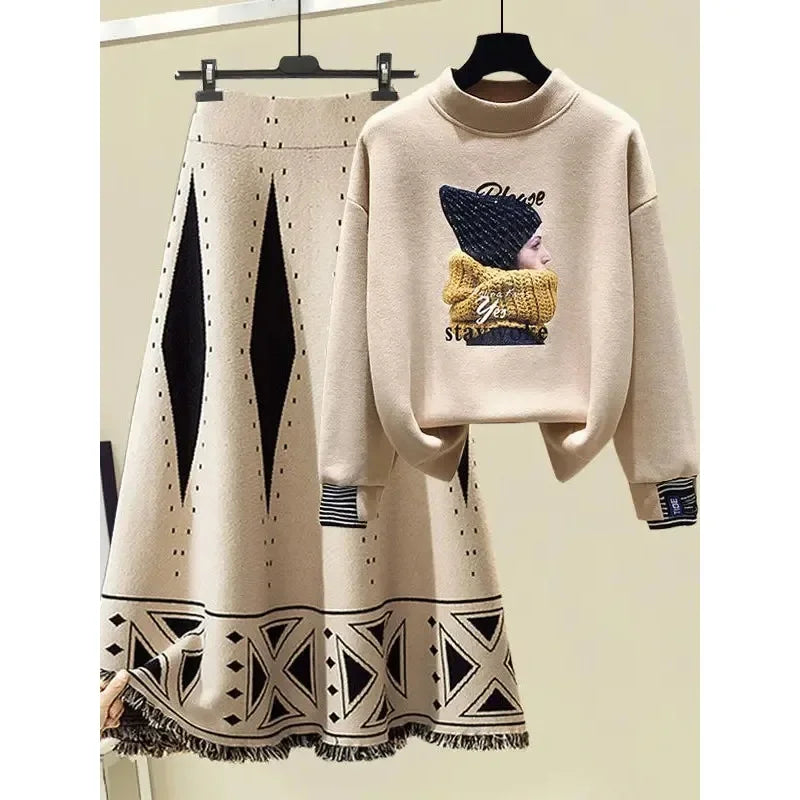 Long Sleeve Pullover Sweatshirt & High-Waist Knitted Skirt Outfit Autumn/Winter Two Piece Set for Women  Milanni Fashion   