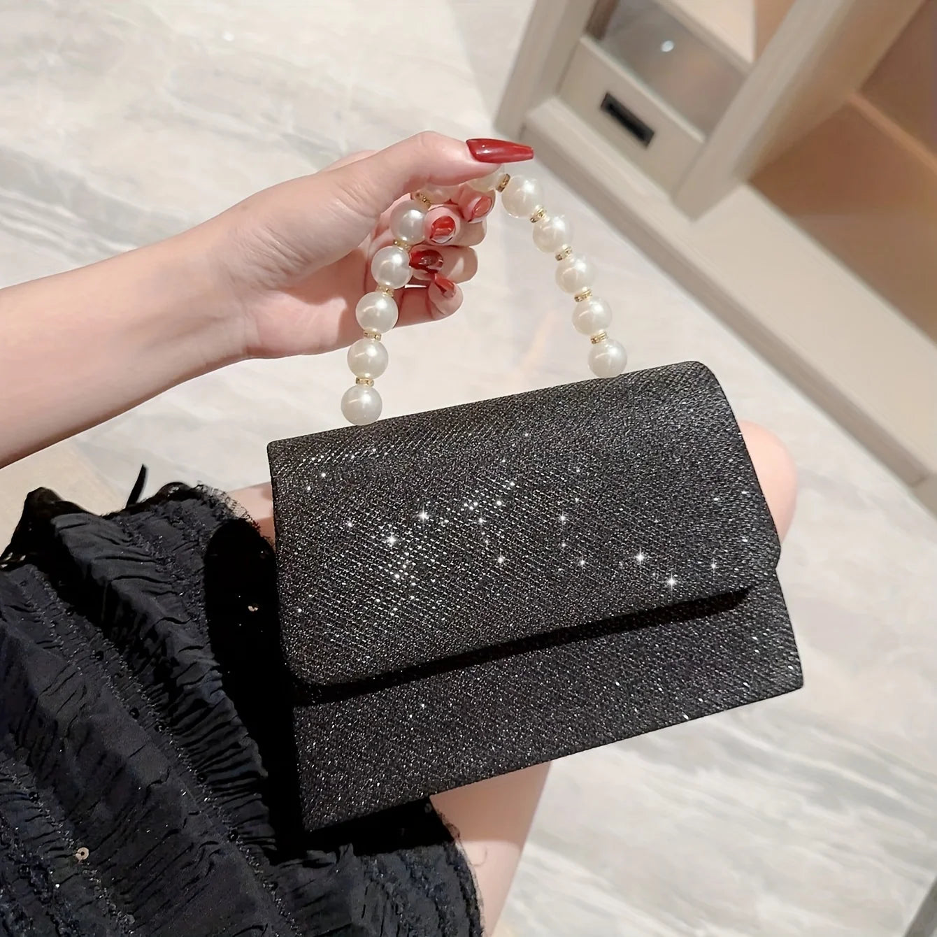 Rhinestone Purse Bag Square Pearl Shiny Flip Bridal Clutch Bag Elegant Wedding Evening Accessory Milanni Fashion Black