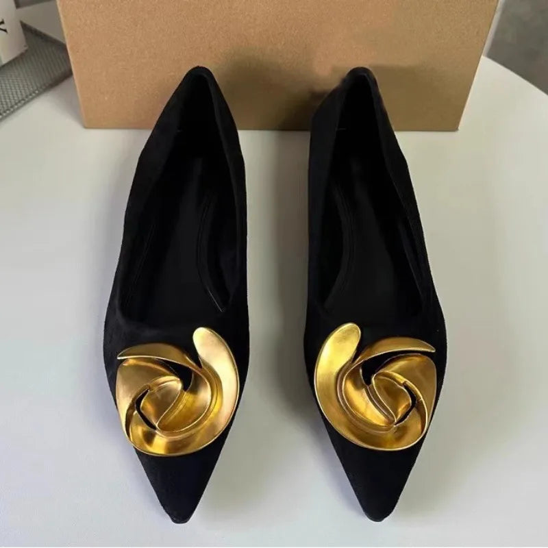 Pointed Toe Women's Flats Elegant Black Shoes with Trendy Metal Flower Design for a Luxury Look Milanni Fashion