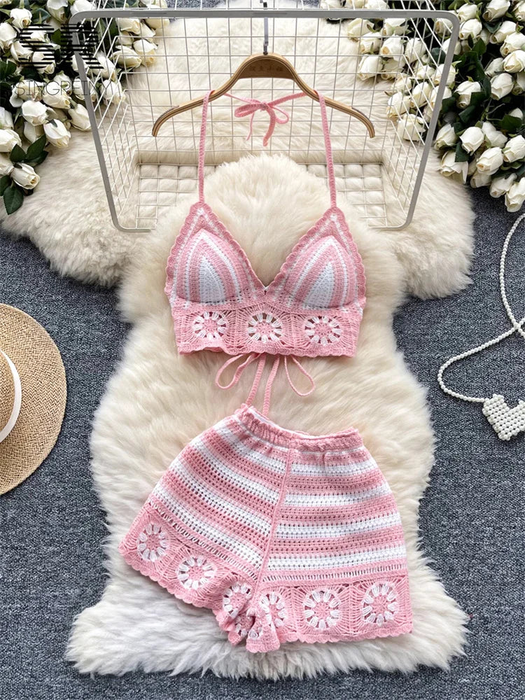 Halter Sleeveless Lace-Up Cami Elastic Waist Shorts Hook Flower Hollow Knit Two-Piece Set for Women Milanni Fashion Pink One Size