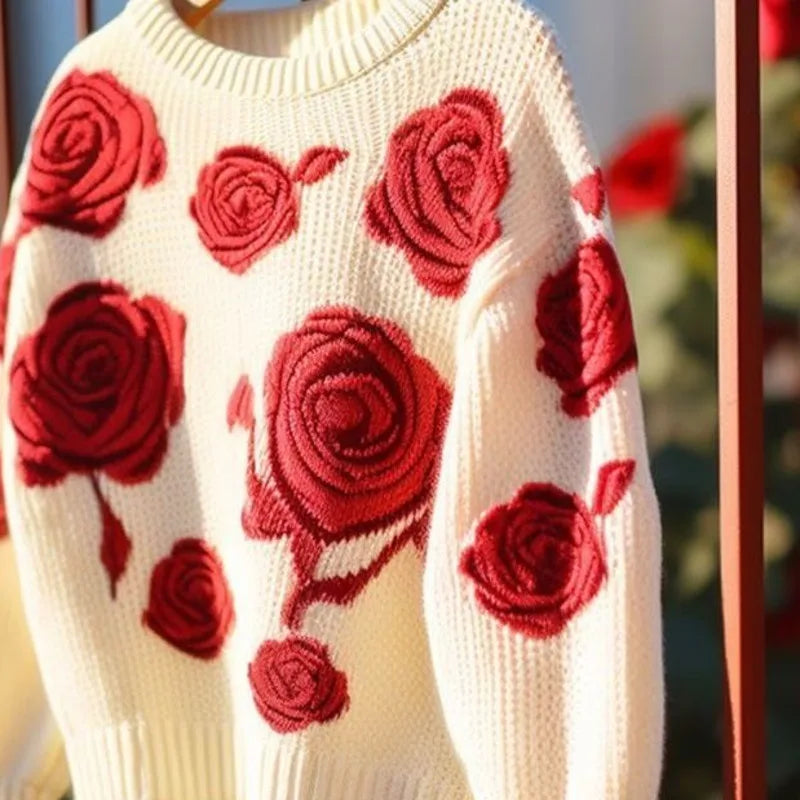 Winter Knitted Red Rose Top Oversized Loose Pullover Sweater for Women Cozy Stylish Fashion Top Milanni Fashion