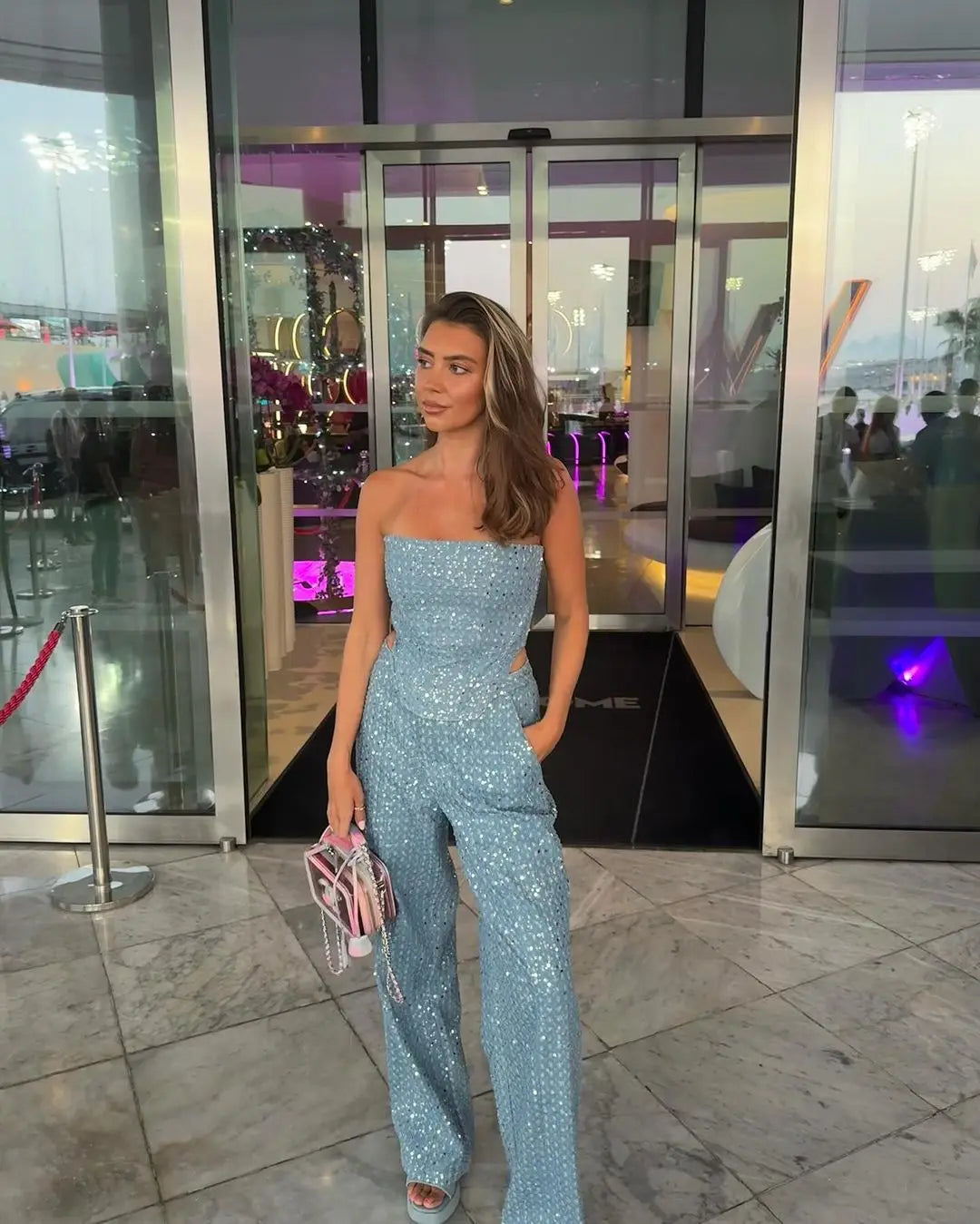 Fashion Sequin Denim Set Women Strapless Tunic Waist Crop Top and Wide Leg Pant Suit  Milanni Fashion   