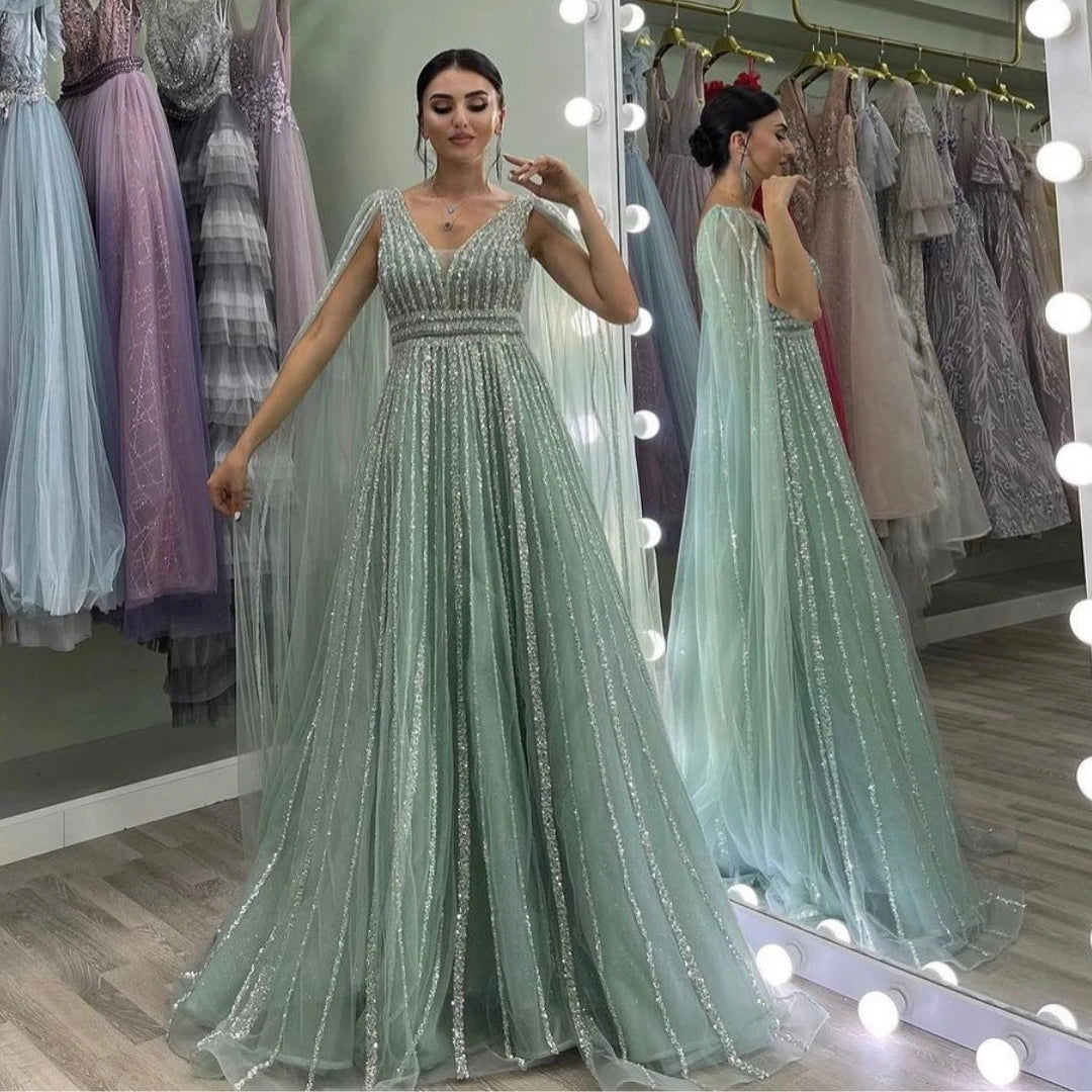 Handmade Beaded Sequins Strips Tulle Prom Dress V Neck Flutter Sleeves Evening Party Gown  Milanni Fashion Gold 8 