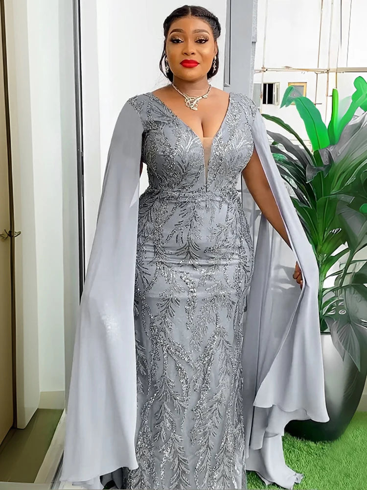 Luxury Sequin Evening Gown For Women Africa Clothing Wedding Prom Bodycon Long Dress Maxi Dress Milanni Fashion Gray XXXL 