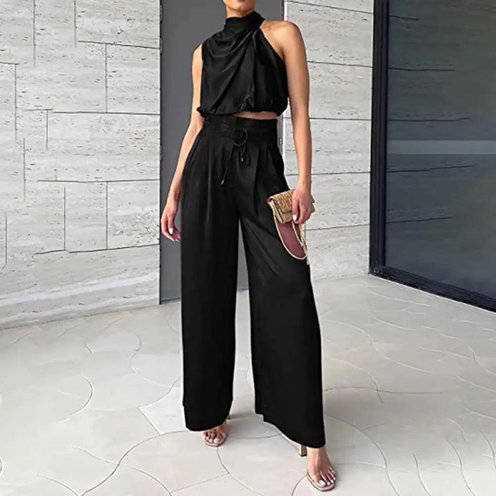 Women's Two Piece Outfit Silk Pleated Sleeveless Top Wide Leg Pant Set  Milanni Fashion   