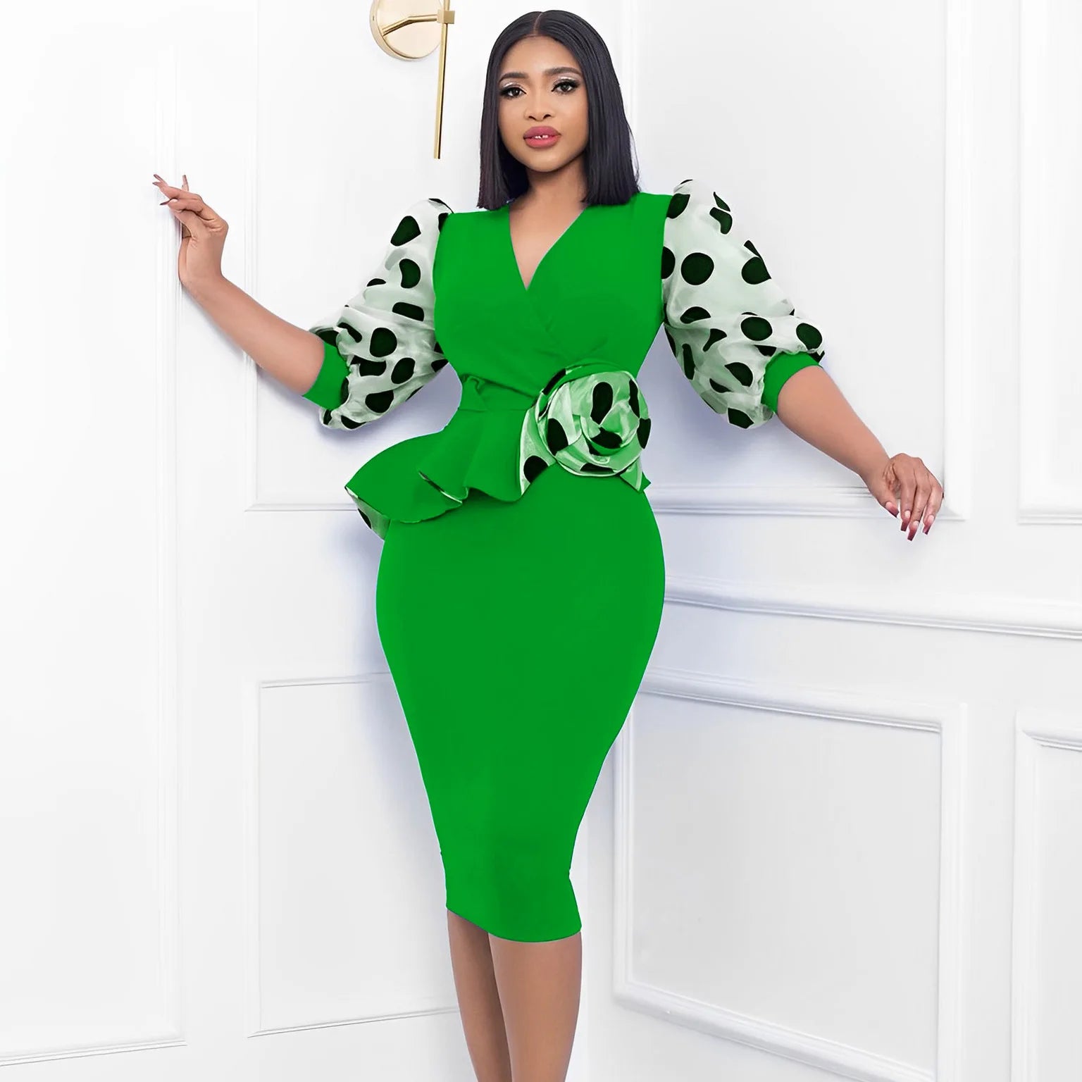 V Neck Puff Sleeve Polka Dot Printed Pencil Dress Elegant Ruffle Bodycon Midi Dress  Milanni Fashion   