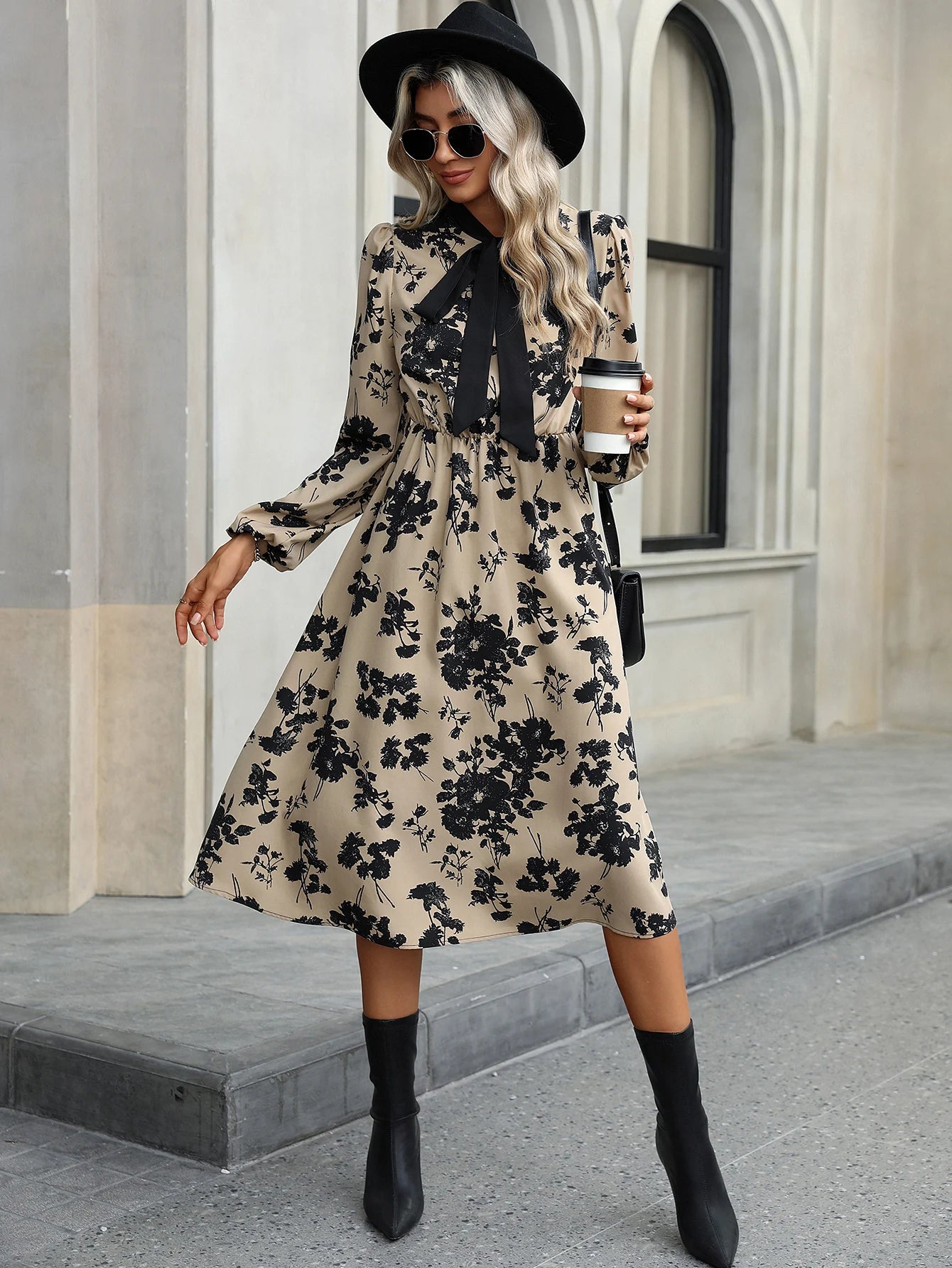 Fashionable Elegant Floating Collar Printed Waist Cinched A-line Long Sleeve Dress for Women Milanni Fashion