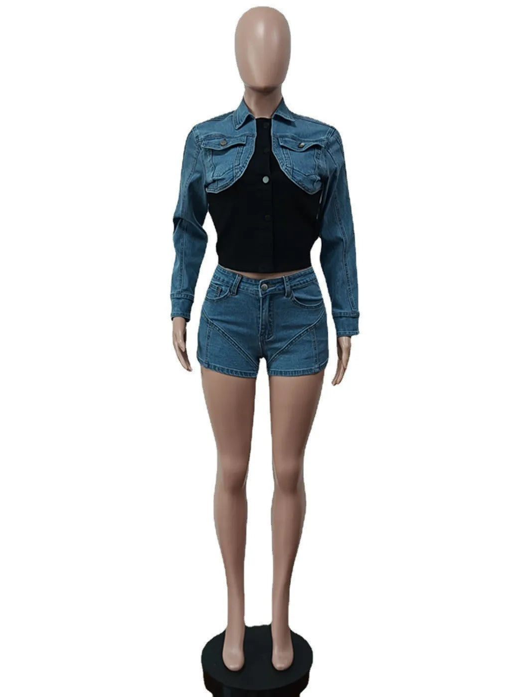 Denim Two Piece Set Cropped Top and Biker Shorts Summer Denim Tracksuit for Women Casual Outfit Milanni Fashion